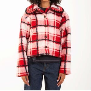 TACH Red and Pink Valera Jacket Textured Sz S Crochet Trim Merino Wool Twee Boho